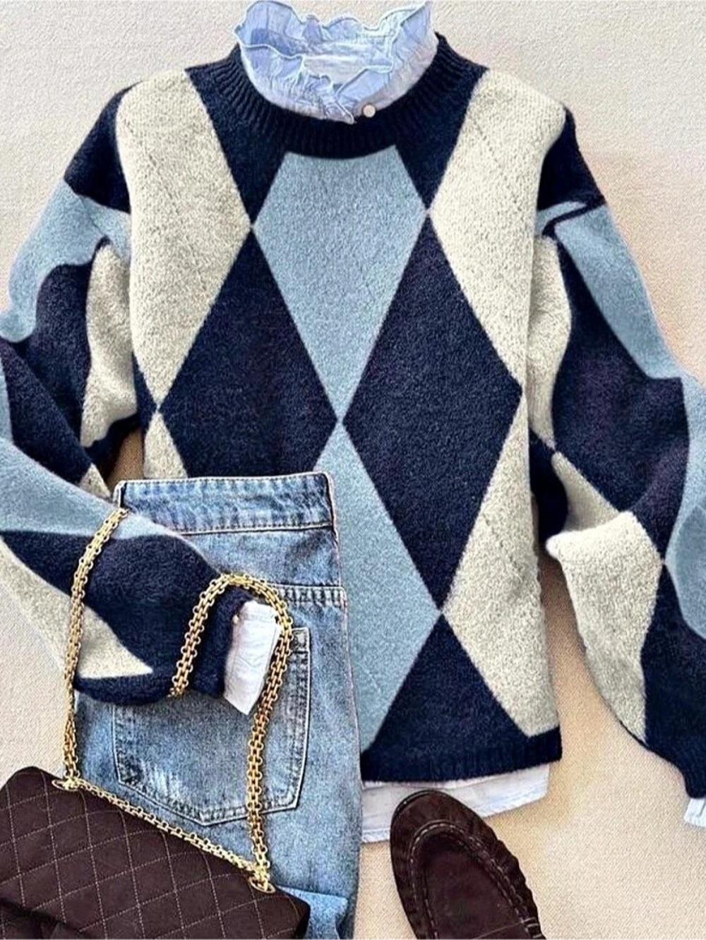 Beige/Navy Blue Wool Argyle ribbed Collar